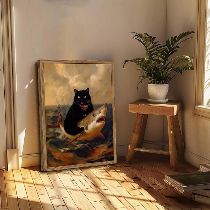 Funny Black Cat Wall Art Whimsical Cat Riding a Shark Wall Decor Picture Unique - Image 8