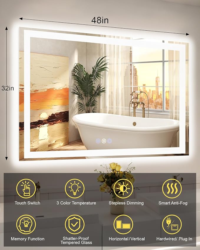 48x32 LED Bathroom Mirror with Lights, Super Bright Front & Backlit Vanity - Image 6