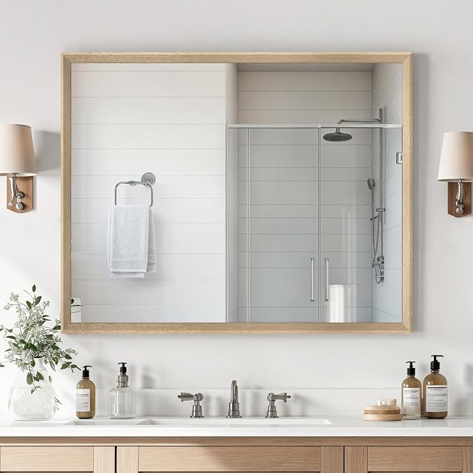 Oak Wood Effect Framed Wall Mirror, 32x40 Rectangle Mirror, Anti-desilvering by Ultrue