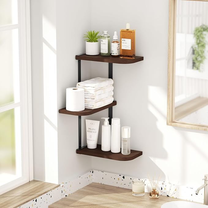 Love-KANKEI Corner Shelf Wall Mount of 3 Tier Rustic Wood Floating Shelves - Image 2