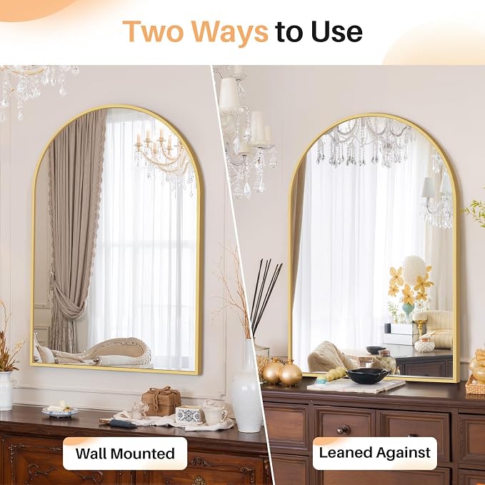 Bathroom Mirror for Wall, 36x24 Inch Arched Mirror, Matte Gold Metal Framed - Image 3
