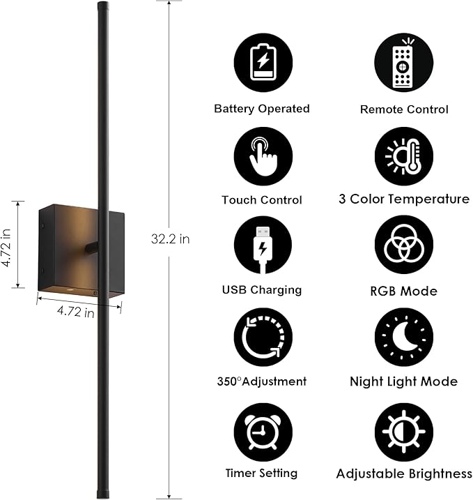 KARTOOSH 32.2 Inch 9 RGB Color Battery Operated Wireless Wall Sconces Set of Two - Image 5