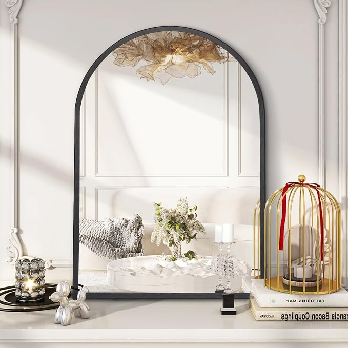 Black Arched Bathroom Wall Mirror Brushed Metal Vanity Wall Mounted Mirror - Image 4