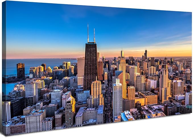 AIYISU Chicago Skyline Wall Art Chicago City Wall Decor Night Cityscape Canvas by HOME