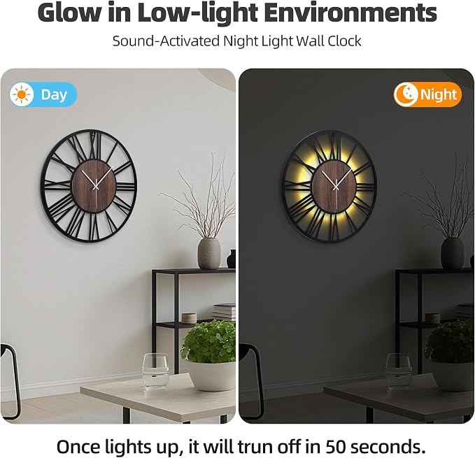 24'' Silent Wall Clock with Night Light, Glow in The Dark Decorative Wall Clock - Image 2