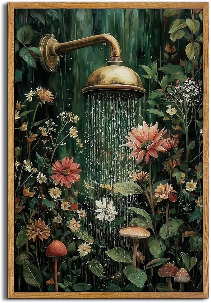 AtterrirArt Framed Bathroom Funny Wall Art, 16 * 24inch, Vintage Floral Shower by AtterrirArt