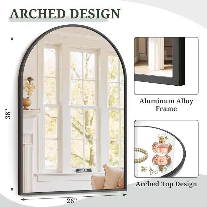 Arched Wall Mirror 38x26 Inch Black Bathroom Vanity Mirror - Image 3