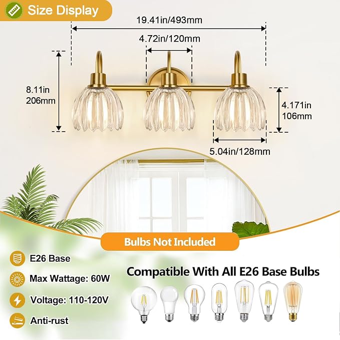 3-Light Bathroom Light Fixtures, Vintage Wall Vanity Lighting Fixtures Over - Image 8