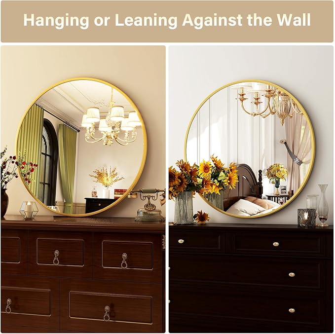 HARRITPURE 24 Inch Round Mirror, Modern Aluminum Alloy Frame Wall Mounted - Image 6