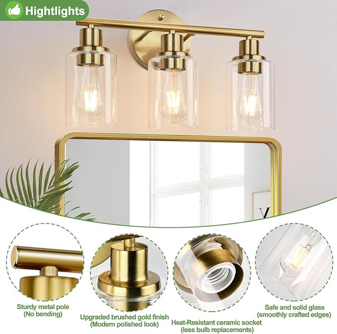 3-Light Gold Bathroom Light Fixtures, Modern Bathroom Vanity Light - Image 5