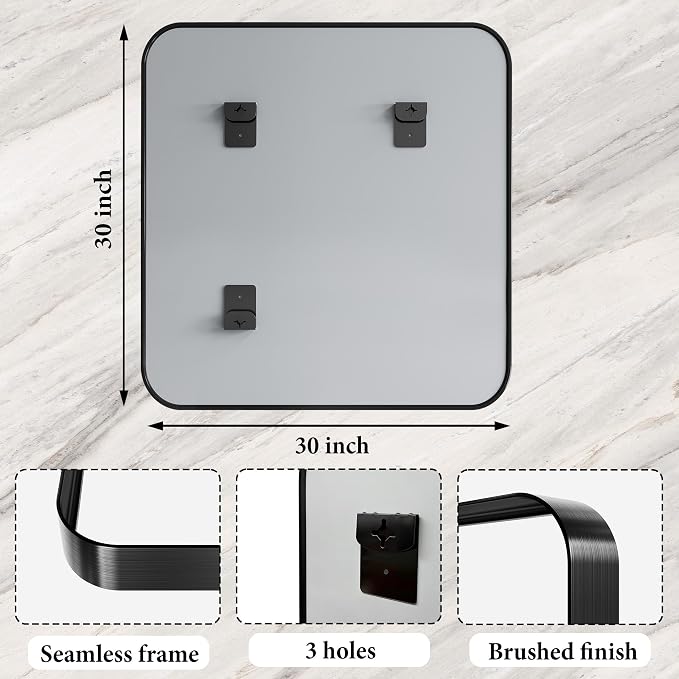 Bathroom Mirror for Wall, 30 Inch Square Mirror, Matte Black Metal Framed - Image 4