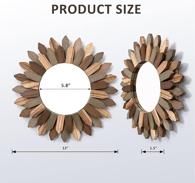 Honiway Boho Wall Decor Mirror 2 Pack 12 inch Rustic Wood Decorative Mirror - Image 6