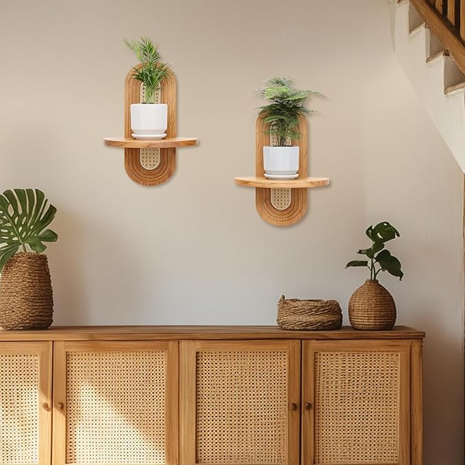 Floating Shelves for Wall, Boho Home Wall Decor, Rattan Plant Shelf Set of 2 - Image 5