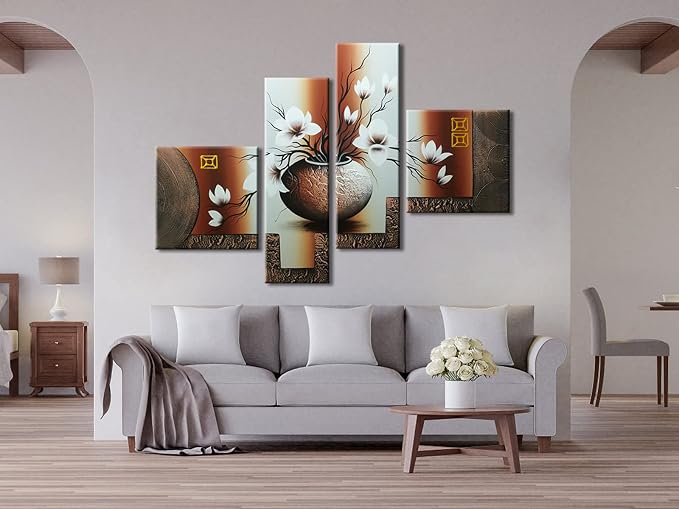 Wieco Art Large Size Decorative Elegant Flowers 4 Panels 100% Hand-painted - Image 2