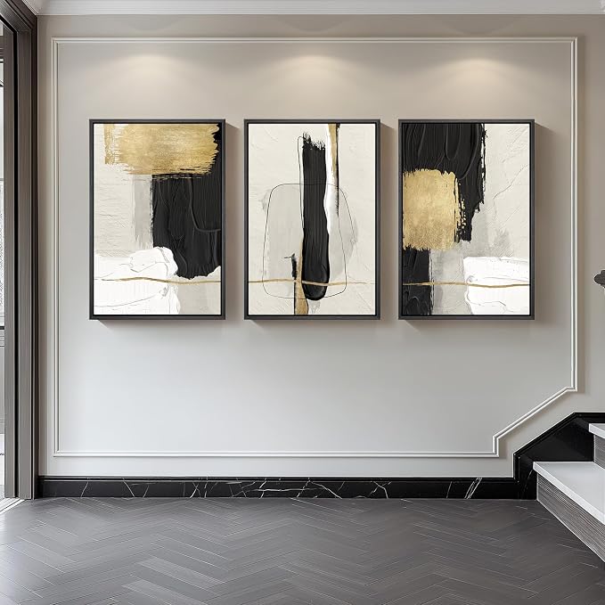 Large Framed Black and White Abstract Wall Art, 3 Piece Modern Canvas Prints - Image 4