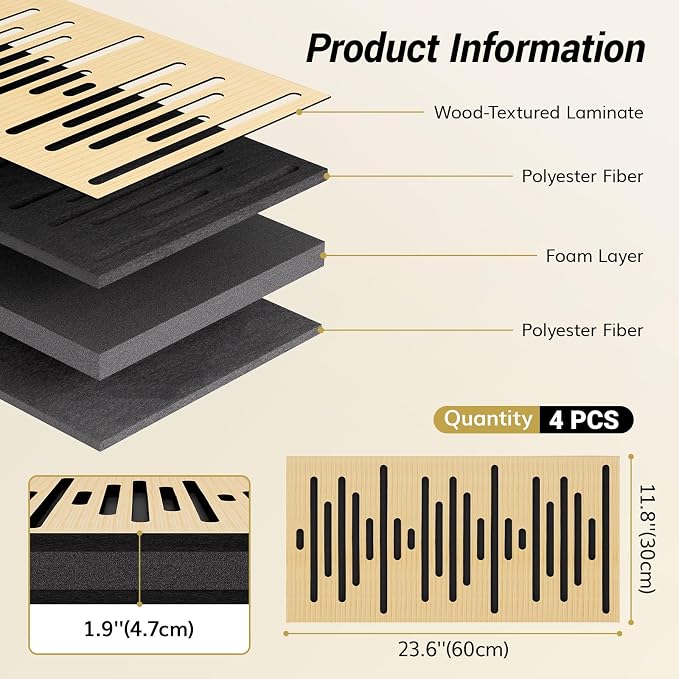 TONOR 4-Pack Acoustic Wood Wall Panels, 23.6” * 11.8” * 1.9” 3D Self-adhesive - Image 2