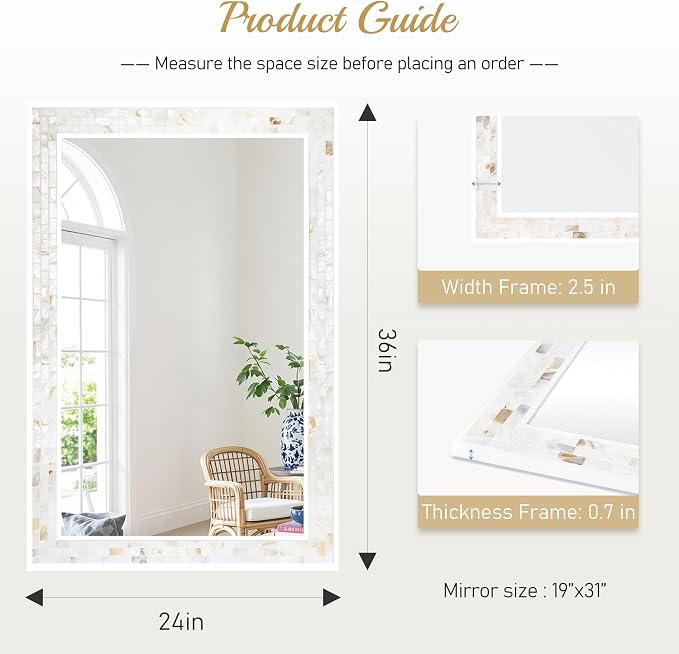 Mosaic Bathroom Mirrors for Wall 24x36 Inch, Natural Mother of Pearl Inlay - Image 5