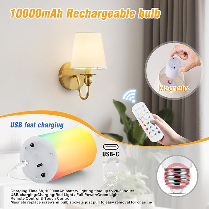 Battery Operated Wall Sconces set of Two, Wireless Wall Sconces - Image 5
