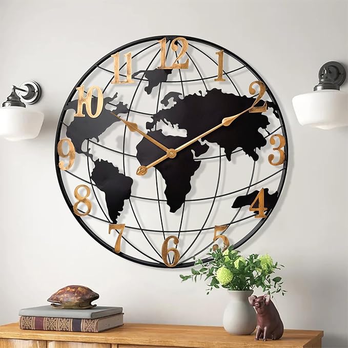 Large World Map Wall Clock, Metal Minimalist Modern Clock, Round Silent by KEQAMHOMEDECOR