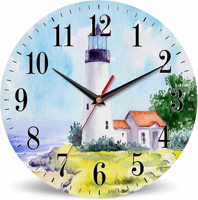 Mxocom Watercolor Lighthouse Wall Clock Building Green Hill Blue Skies House by Mxocom