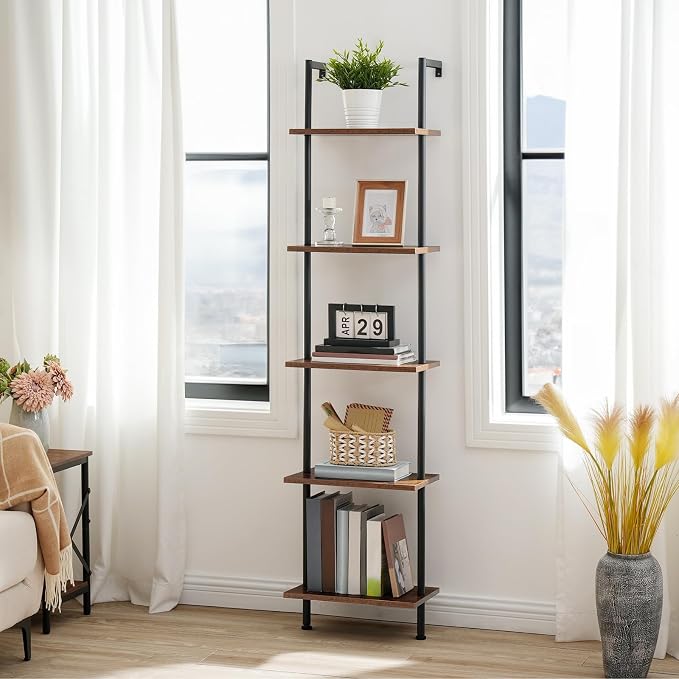 HOOBRO DIY Ladder Shelf, 5-Tier Wooden Wall Mounted Bookshelf, Narrow Bookcase - Image 2