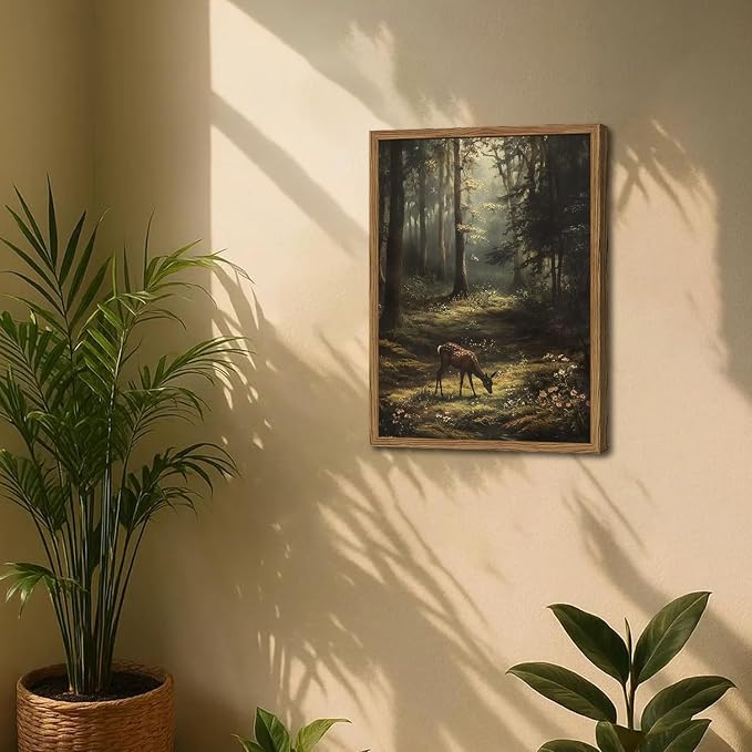 Framed Vintage Forest Deer Canvas Wall Art, Rustic Nature Landscape Paintings - Image 7