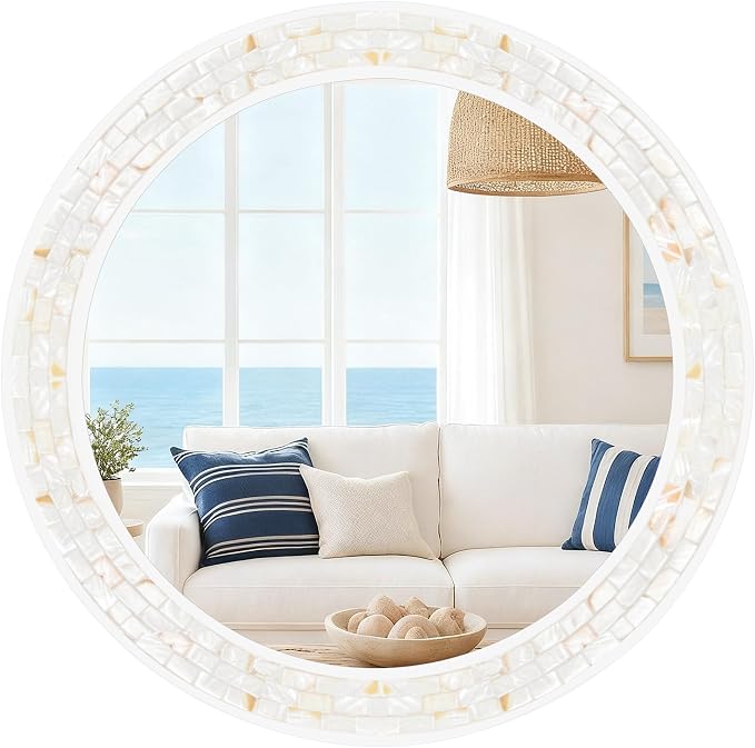 Large Round Mirror 36 Inch, Natural Mother of Pearl Inlay Mosaic Frame Circle by DUQIMOWALLMIRRORS