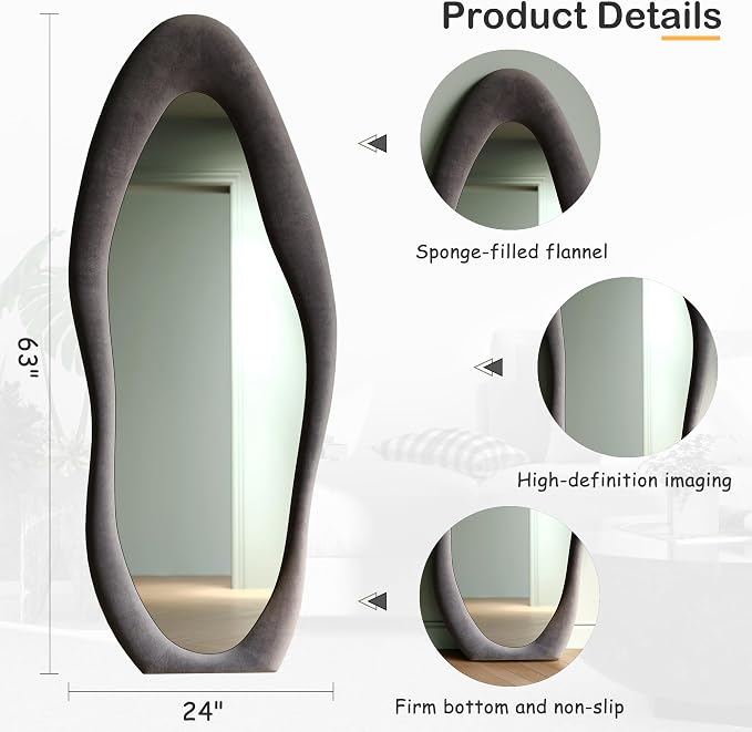 Honyee Full Length Mirror, Flannel Wrapped Wooden Frame Full Body Mirror - Image 5