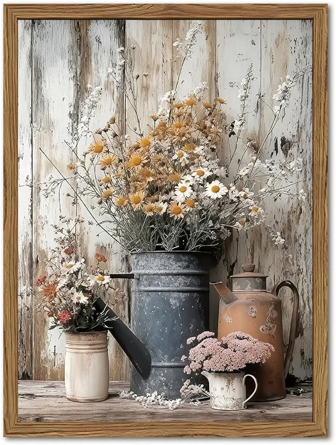 Wood Framed Farmhouse Vintage Canvas Wall Art, Rustic Floral Daisy Pictures by Unknown
