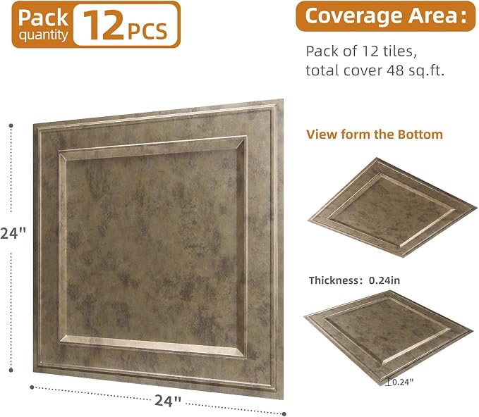 WOWSTAR 12-Pack 24"x24" Drop Ceiling Tiles, Waterproof Glue up Ceiling Panels - Image 5