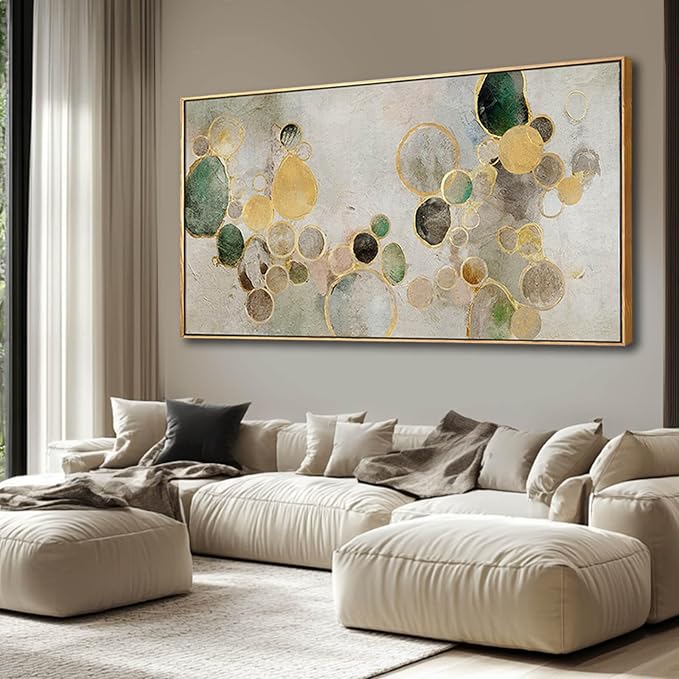 Abstract Canvas Wall Art Gold Circle Painting Green Artwork Framed Wall Prints by YJYart