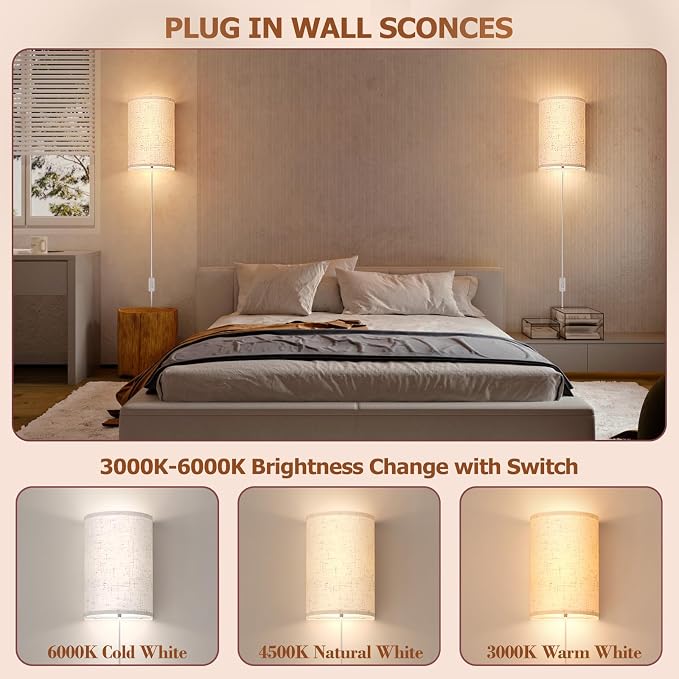 OCATO Plug in Wall Sconces Set of Two: Wall Light Wall Lamp - Image 2