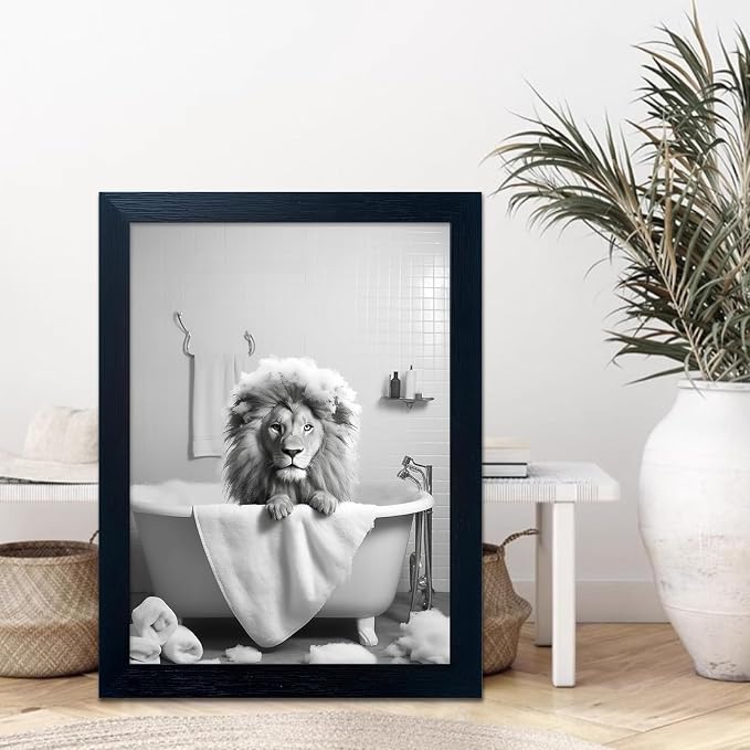 Framed Black and White Lion Wall Art Bathroom Pictures Wall Decor Funny - Image 9
