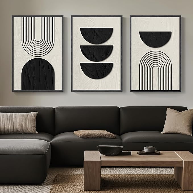 Framed Boho Wall Art for Living Room, Large 3 Piece Neutral Geometric Black and - Image 2