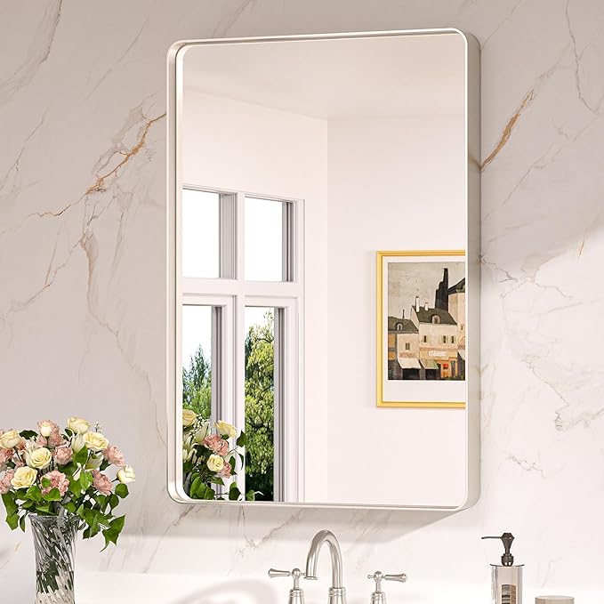 Keonjinn Brushed Nickel Mirror 24” x 36” Silver Bathroom Mirror by Keonjinn
