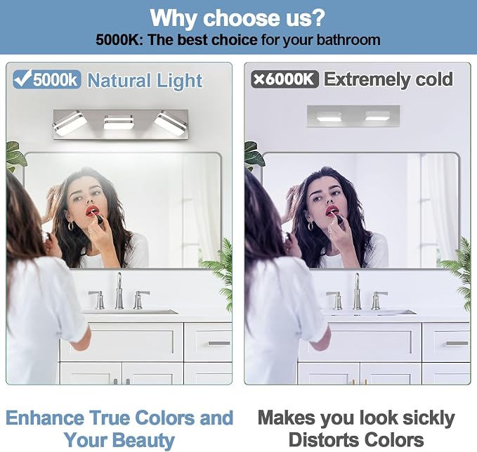 360° Rotate LED Bathroom Vanity Light Fixtures, 1300LM Acrylic Brushed Nickel - Image 3