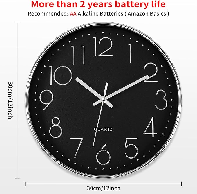 Foxtop Silver Wall Clock Silent Non-Ticking Battery Operated Round Modern Wall - Image 2