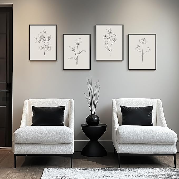 Framed Black and White Floral Wall Art, 4 Piece Vintage Gray Botanical Canvas - Image 3