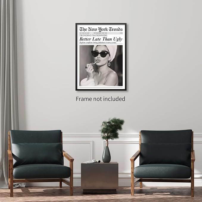 Trendy Newspaper Posters Better Late Than Ugly Wall Art Vintage Black And White - Image 4