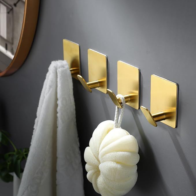 DELITON Gold Towel Hooks- 4 Pack Adhesive Hook - Image 2