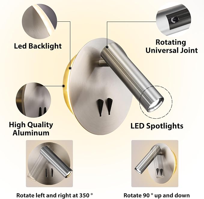 Round Wall Mount Reading Light for Bed Bedside, Modern Hardwired Sconce - Image 2