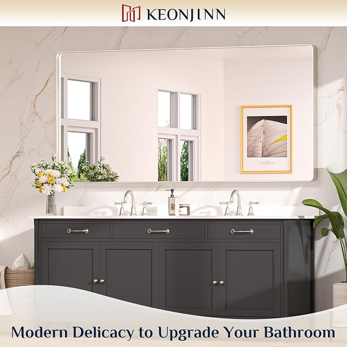 Keonjinn 72 x 36 Brushed Nickel Bathroom Vanity Mirror, Large Rounded Rectangle - Image 2