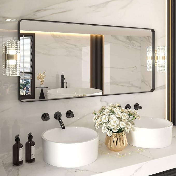 LOAAO 60X28 Inch Black Metal Framed Bathroom Mirror by LOAAO