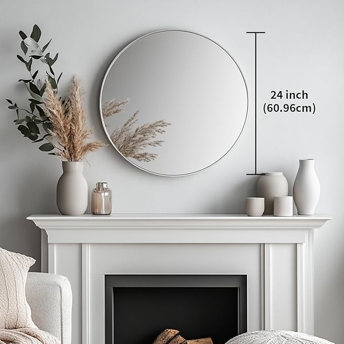 Oruii Silver Round Mirror, Round Mirror 24 inch Brushed Nickel, Circle Wall - Image 3