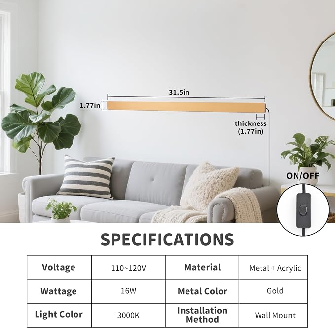 KELUOLY Modern Plug in Wall Lights, 31.4 inch Frosted Gold LED Long Wall Sconce - Image 2