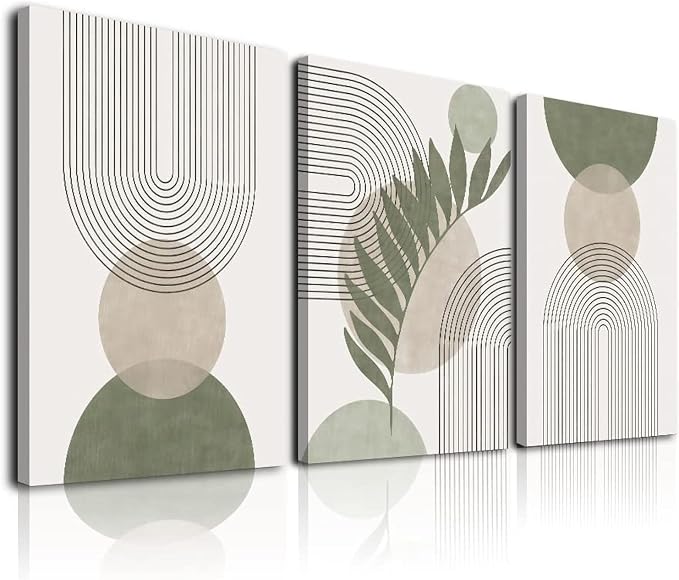 Sage Green Boho Wall Art Set of 3, Minimalist Framed Wall Art Geometric Line by KBKBART