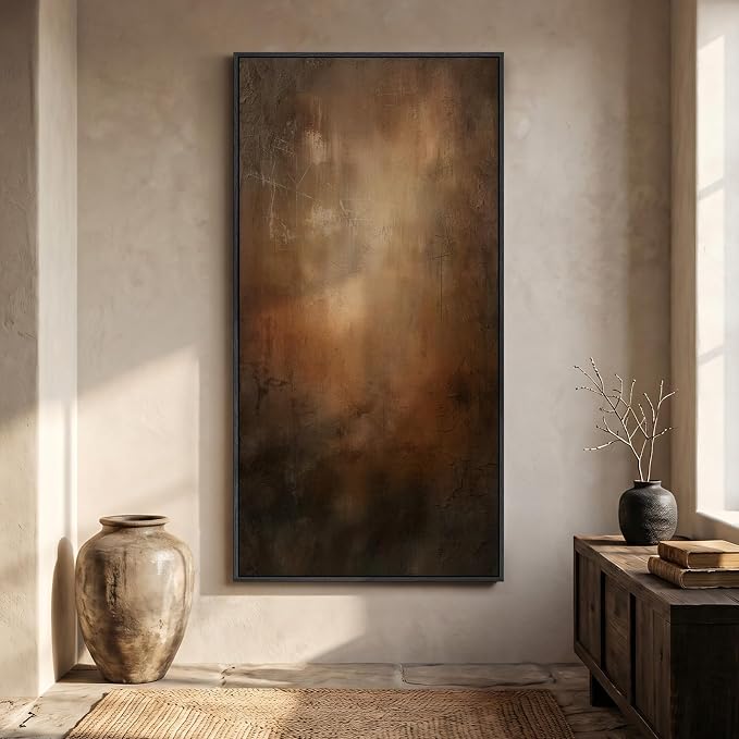 Large Framed Brown Black Abstract Wall Art, Modern Vertical Canvas Prints by Cuspin