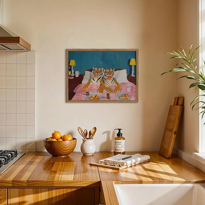 Framed Funny Tiger Wall Art, Eclectic Tigers Eating Pizza in Bed Pictures Wall - Image 3