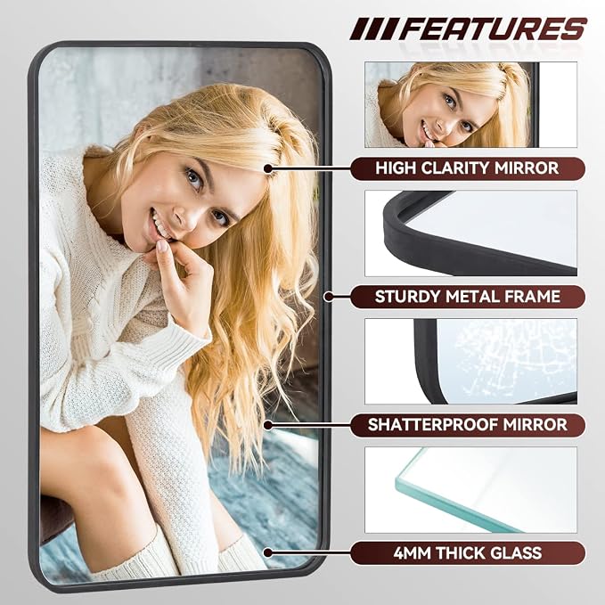 ZenStyle Black Metal Framed Rectangular Wall Mirror 24" x 36" Bathroom Mirror - Image 8