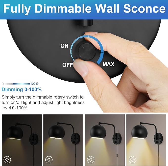 VATONI Dimmable Wall Sconces Set of 2, Plug in Wall Sconces Swing Arm Wall - Image 2